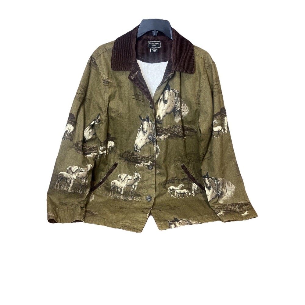 Vintage Bit & Bridle Horse Print Barn Jacket Equestrian Corduroy Collar Brown M